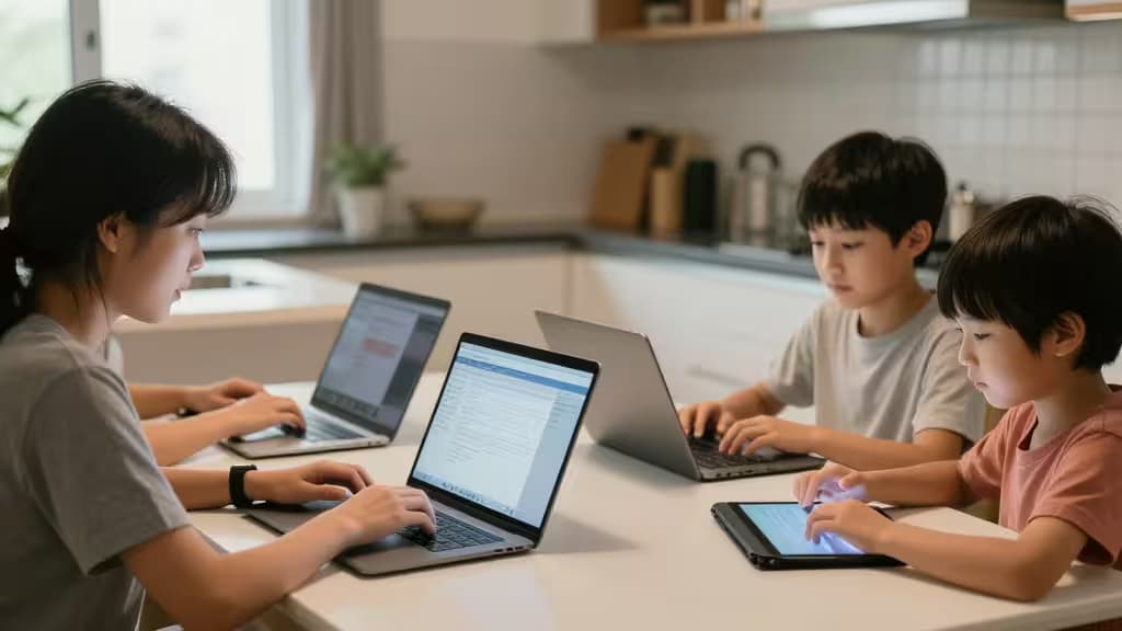 Mother and two sons use laptops and tablet at kitchen island, sharing digital tasks.