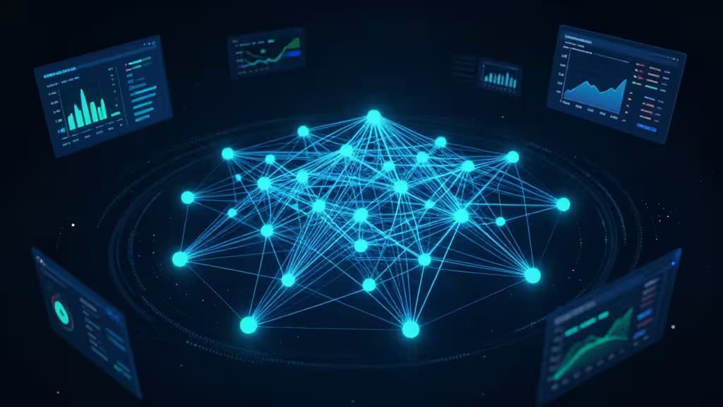 Glowing network nodes and data dashboards illustrate Kubernetes monitoring tools under $100/month.