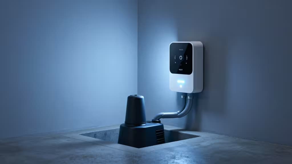 Fosse de puisard dans un sous-sol avec un moniteur Wi-Fi mural et éclairage bleu ambiant