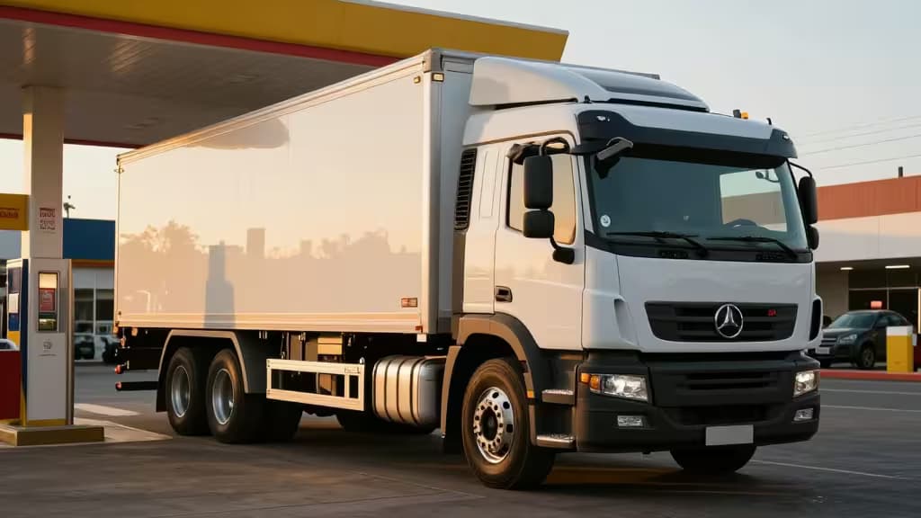 Caminhão trucker estacionado em posto de gasolina ao entardecer com um cartão de crédito prateado apoiado no para-choque, iluminação quente de revista