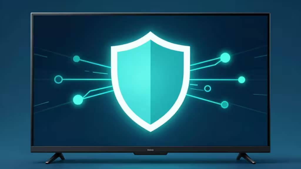 Abstract illustration of a smart TV displaying a glowing shield icon with network connection lines, representing VPN security on Android TV.