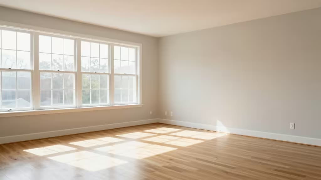 Sunlit hardwood floors and white walls frame a modern empty room, ready for virtual staging.