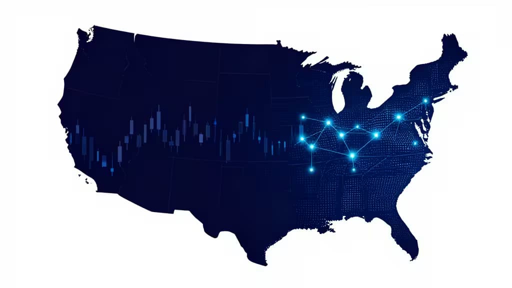 Dark blue US map features glowing blockchain nodes and candlestick charts, symbolizing 2026 crypto exchange data.