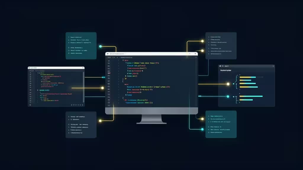Ein leuchtender Monitor zeigt Code, verbunden durch neonfarbene Linien mit schwebenden Daten-Panels vor dunklem Hintergrund.