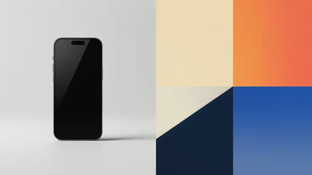 Um smartphone preto elegante ao lado de um painel geométrico com gradientes de bege, laranja, azul-marinho e azul, simbolizando a versatilidade do design gerado por IA.