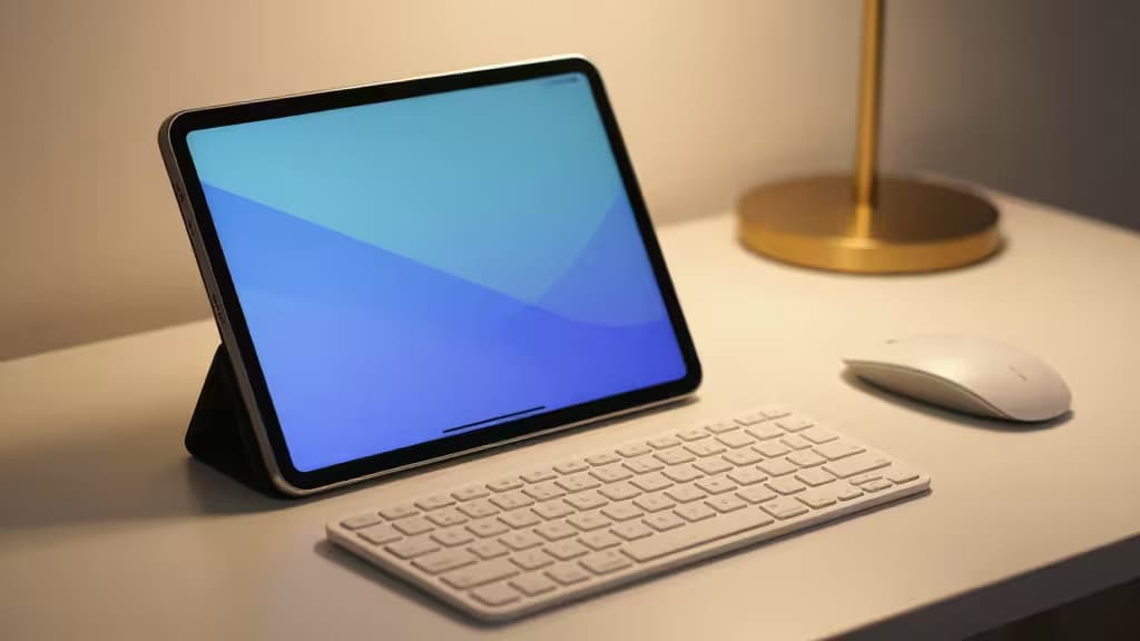 Una tastiera Bluetooth bianca accanto a un tablet Android su una scrivania minimalista.