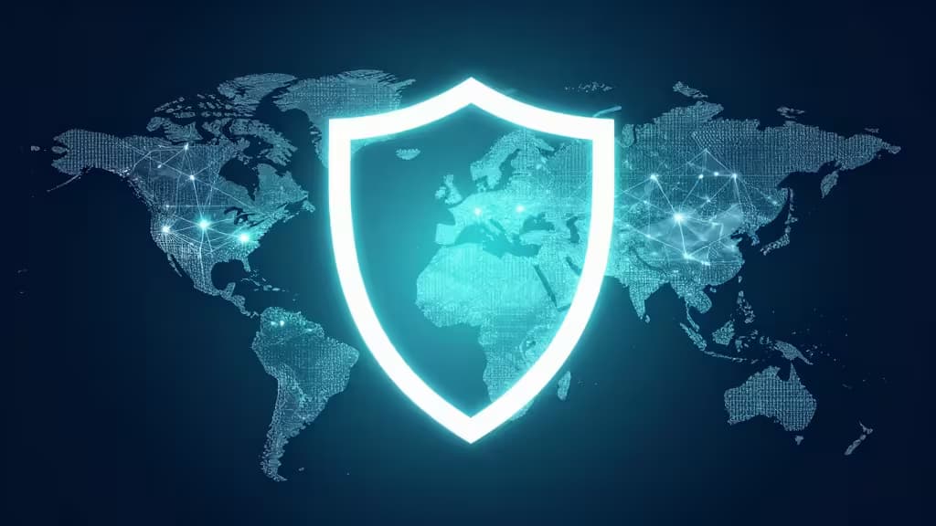 Glowing shield overlays digital world map with network nodes, symbolizing global VPN protection against age verification laws.