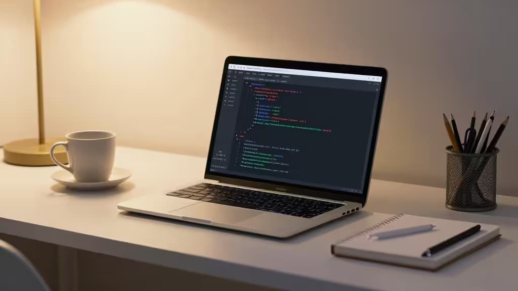 Un ordinateur portable affichant du code sur un bureau à côté d'une tasse de café et d'un carnet, éclairé par une lumière de lampe chaleureuse.