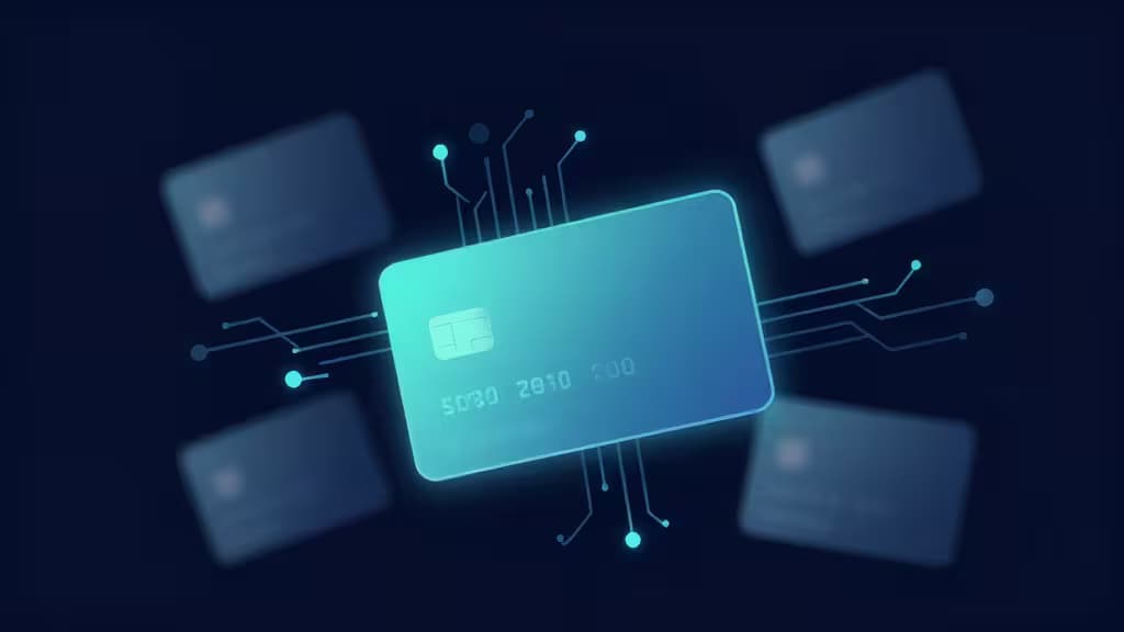 A glowing blue virtual credit card with circuit lines connects to four blurred cards, symbolizing digital expense management for startups.