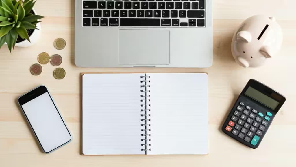 Laptop, notebook, calculator, piggy bank, coins, and smartphone on wooden desk.