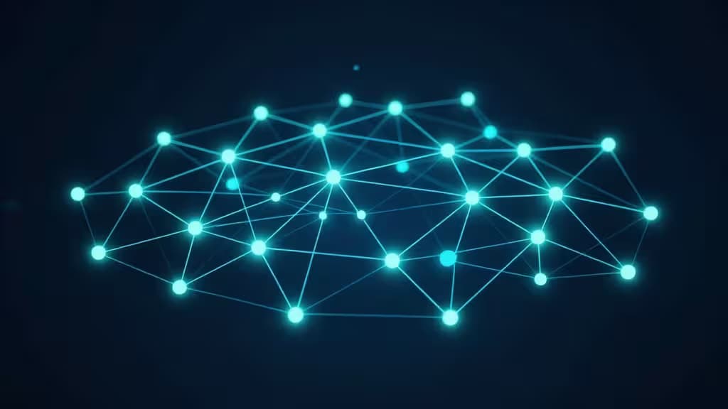 Abstrakcyjna wizualizacja topologii mesh VPN — świecące, połączone węzły tworzące bezpieczną, szyfrowaną sieć w odcieniach ciemnego błękitu i teal.