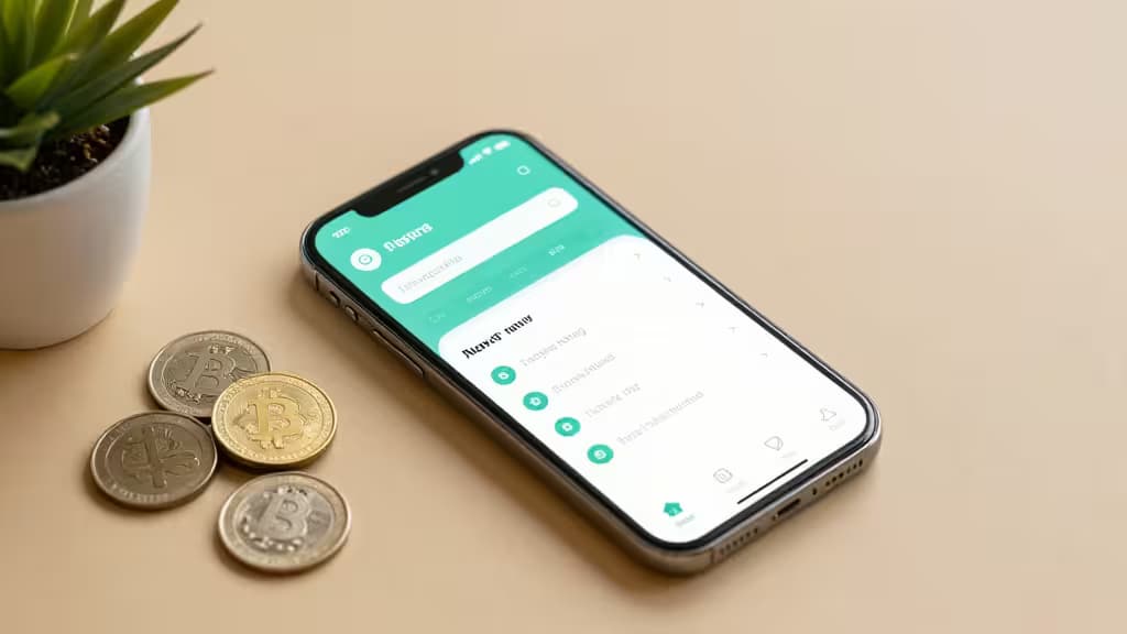 Smartphone displays crypto app beside physical Bitcoin coins and potted plant on beige surface.