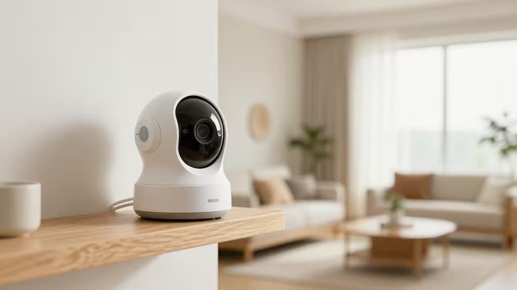White security camera on wooden shelf in minimalist living room with soft natural light.