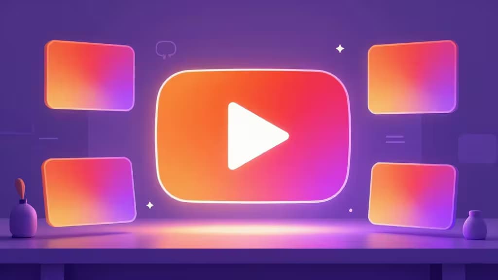 Glowing YouTube play button surrounded by vibrant gradient thumbnails on a sleek purple desk.