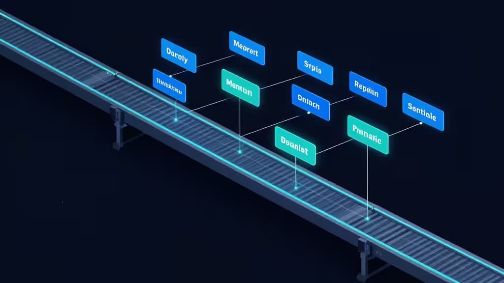 A glowing conveyor belt carries labeled CI/CD tool boxes, symbolizing streamlined monorepo workflows under budget.