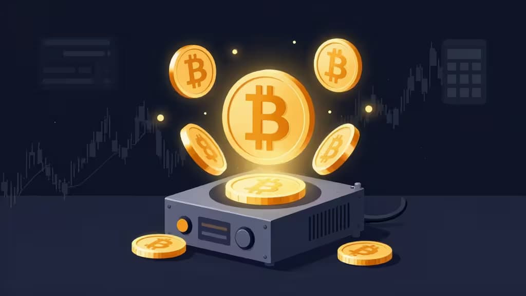 Des pièces Bitcoin dorées jaillissent d'un mineur, symbolisant les récompenses à déclarer fiscalement.