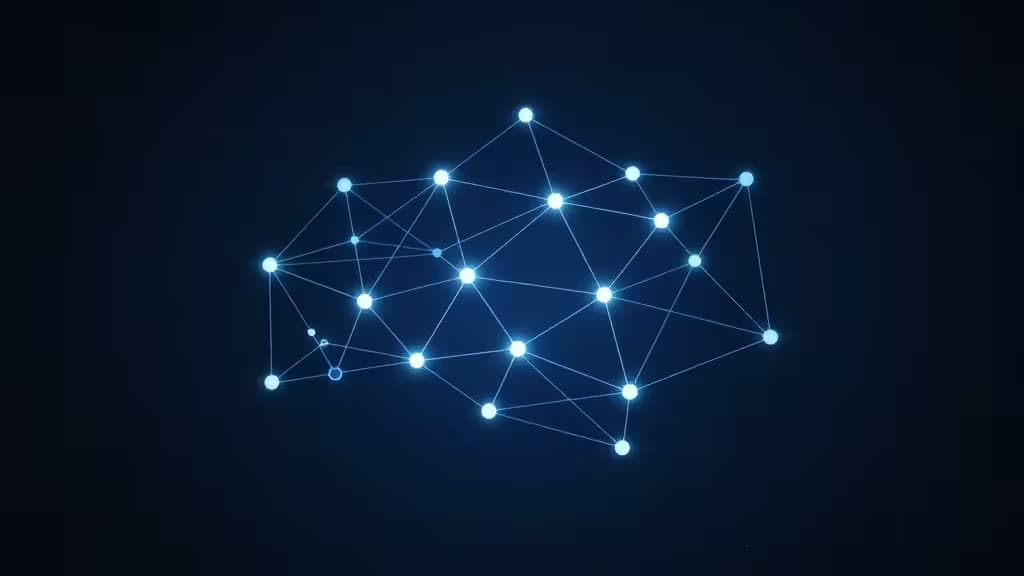 Glowing blue nodes connect via thin lines, forming a mesh network symbolizing secure VPN routing across distributed WiFi routers.