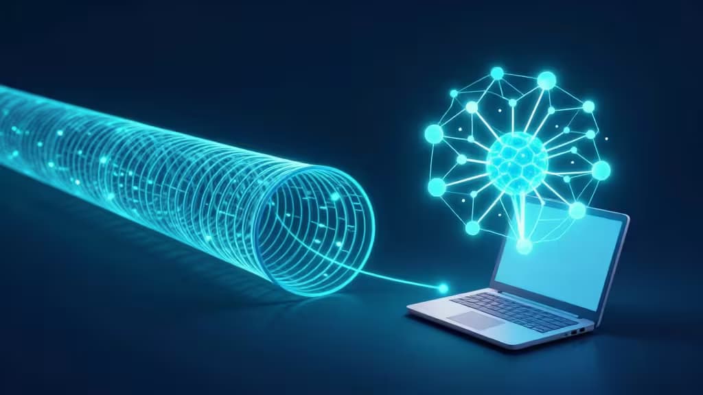 Ein leuchtender blauer verschlüsselter Tunnel verbindet einen Laptop mit einem KI-Neuronalen-Netzwerk und symbolisiert sicheren Zugriff auf fortschrittliche KI-Tools.