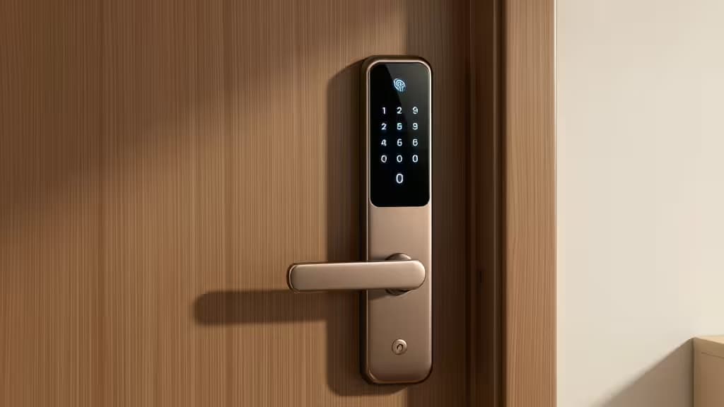 Serrure connectée dorée avec lecteur d'empreinte digitale et clavier rétroéclairé sur une porte en bois