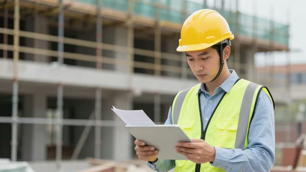 Contractor in hard hat and vest reviews documents on tablet at construction site.