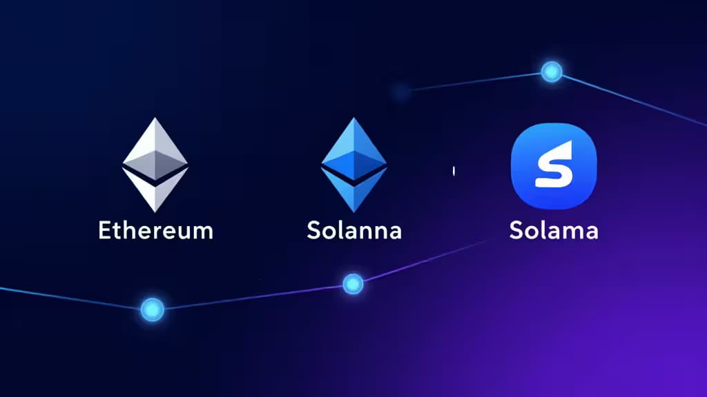 Logotipos de Ethereum y Solana sobre un fondo degradado con nodos brillantes interconectados, representando el staking de criptomonedas.