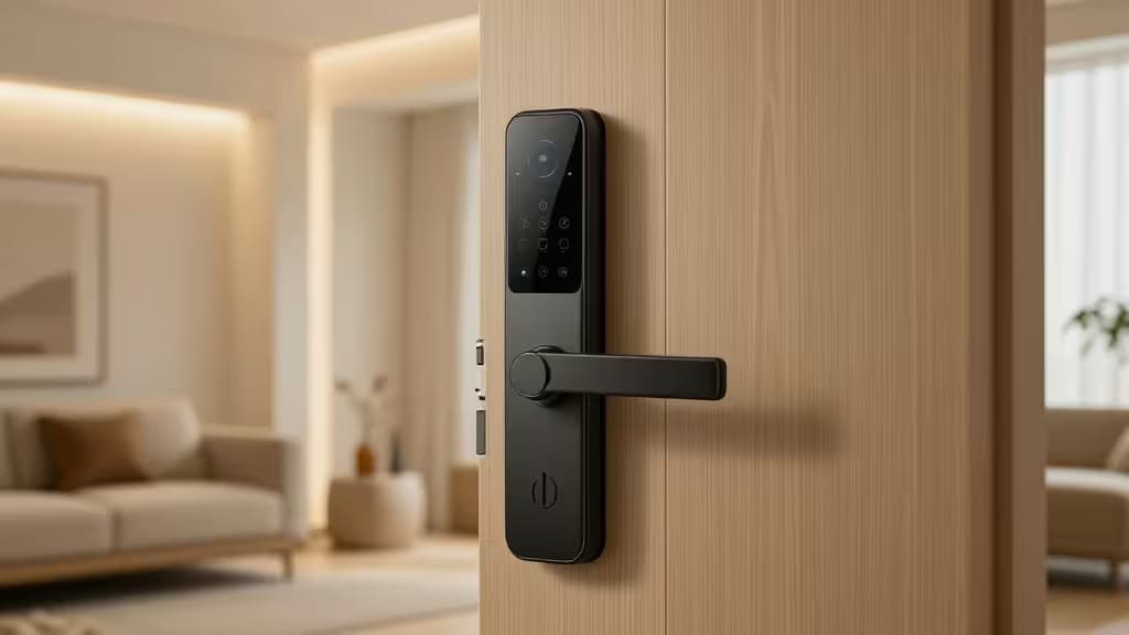 Serrure connectée rétrofit noire montée sur l'intérieur d'une porte d'appartement en bois clair, avec pavé tactile et poignée, installation adaptée aux locataires.