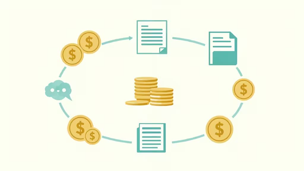 Pièces d'or et documents turquoise en orbite autour de piles centrales, illustrant les flux financiers des associations pour des comptes sans frais.