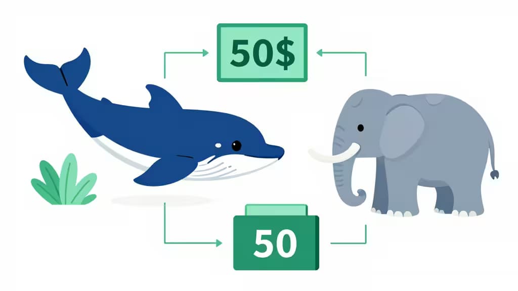 Illustration d'un dauphin et d'un éléphant échangeant 50$, symbolisant la migration MongoDB vers PostgreSQL.