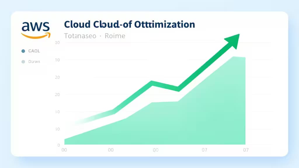 Graphique de tableau de bord AWS avec flèche verte ascendante et courbe de tendance symbolisant l'optimisation des coûts cloud.