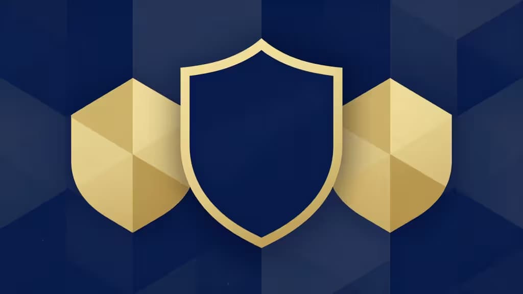 Three golden shields flank a central blue shield on a geometric navy background.