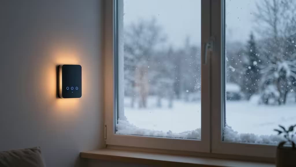 Un elegante smart thermostat nero brilla caldamente accanto a una finestra gelata che si affaccia su un paesaggio invernale innevato.