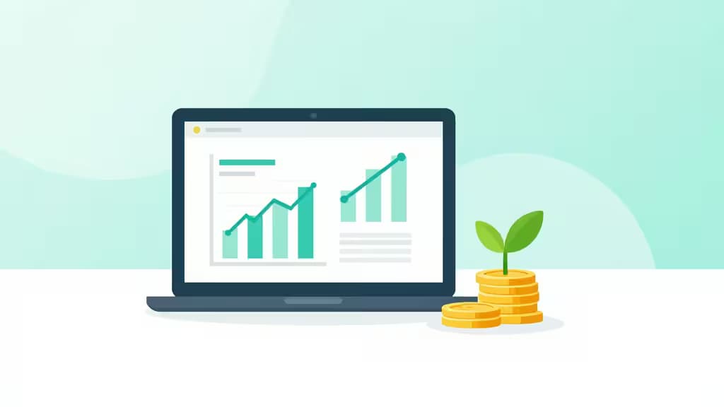 Illustrazione editoriale di un conto business per startup: laptop con grafici finanziari, pila di monete e una piccola pianta che cresce da una moneta, sfondo teal e bianco