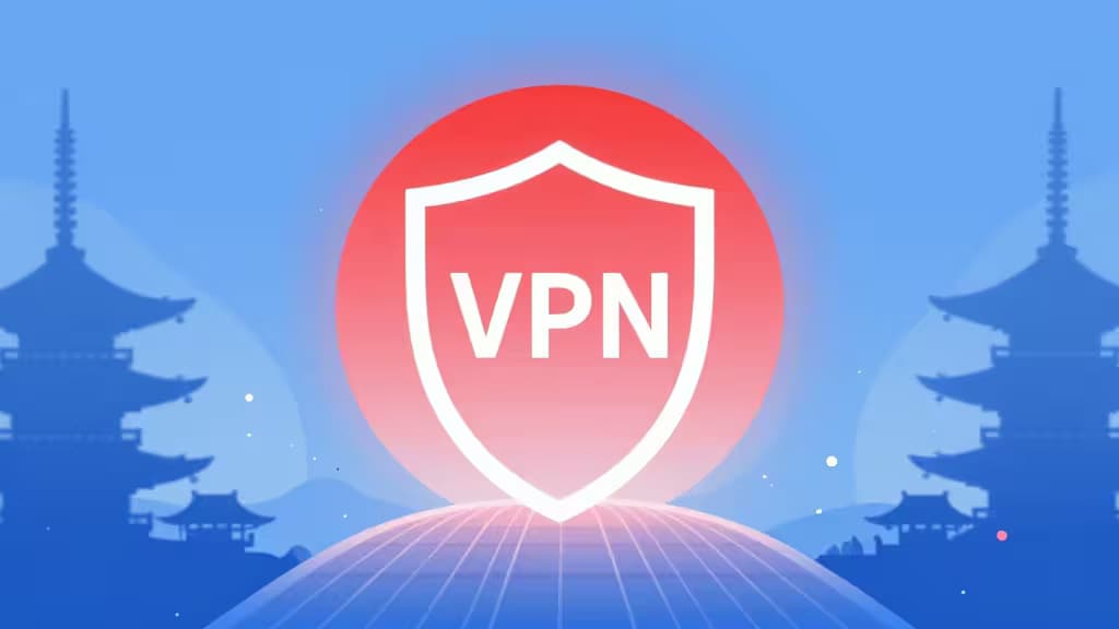 Ilustração digital de um disco solar vermelho japonês atrás de um ícone de escudo VPN, com silhuetas de arquitetura japonesa e fluxos de dados encriptados.