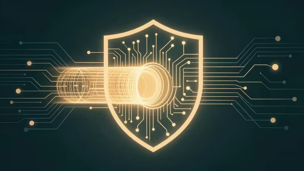Glowing circuit-board shield encases a luminous data tunnel, symbolizing encrypted IoT protection against digital threats.