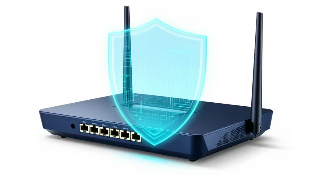 Router mit blauen und cyanfarbenen Netzwerk-Lichtern und einem digitalen Schild-Symbol, das eine sichere VPN-Verbindung darstellt.