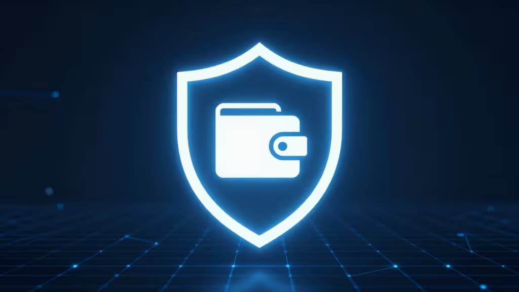 Glowing blue shield icon with wallet symbol, set on digital grid background.
