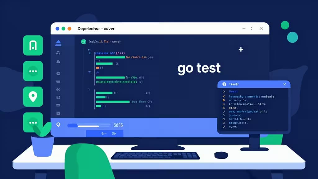 Illustrated workspace shows Go test coverage dashboard with code metrics and testing tools.
