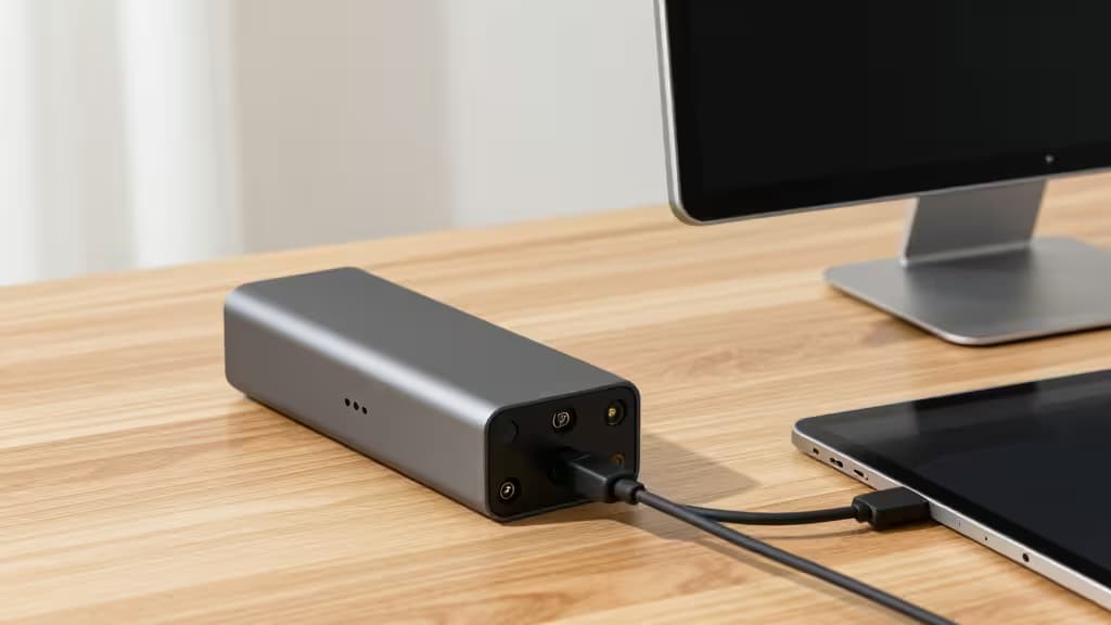 A sleek gray portable monitor connects via USB-C to an iPad on a wooden desk.