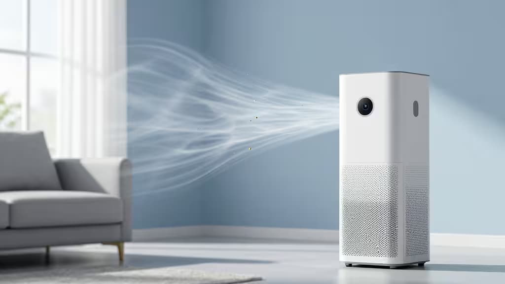 A modern smart air purifier in a sunlit living room with clean air flowing in soft wisps and particles being filtered.