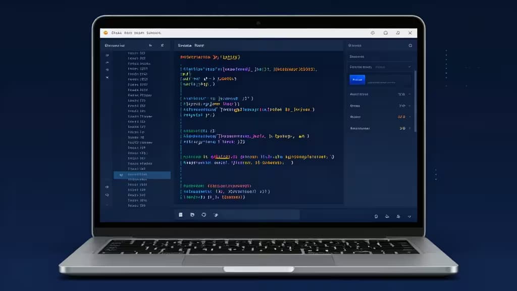Laptop displays Python error tracking dashboard with code snippets and analytics.