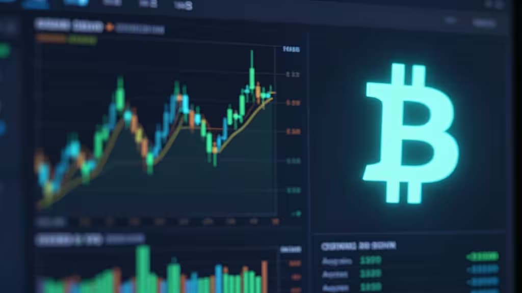 Glowing Bitcoin symbol beside fluctuating crypto chart on dark trading screen.