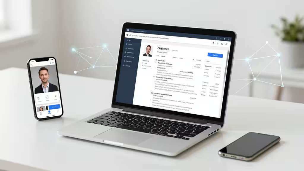 Modern bureau met laptop waarop een cv-document te zien is, een smartphone met een profielfoto-editor, en subtiele AI-geïnspireerde ontwerpelementen die de apparaten verbinden.