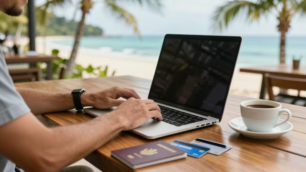 Man types on laptop beside passport and credit cards at beachside café.