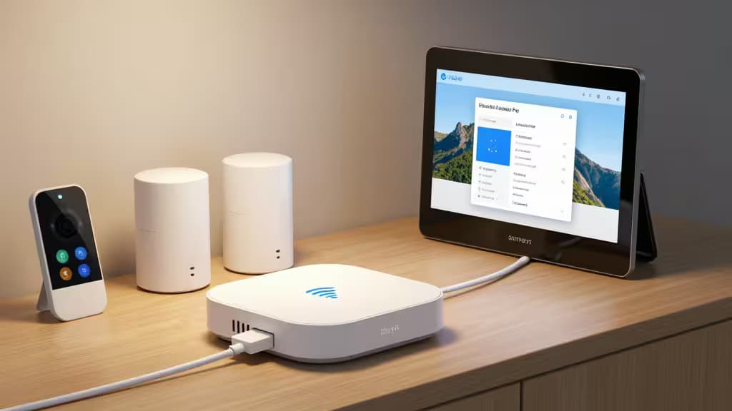 Zigbee coordinator hub connects smart devices on wooden desk beside tablet displaying Home Assistant interface.