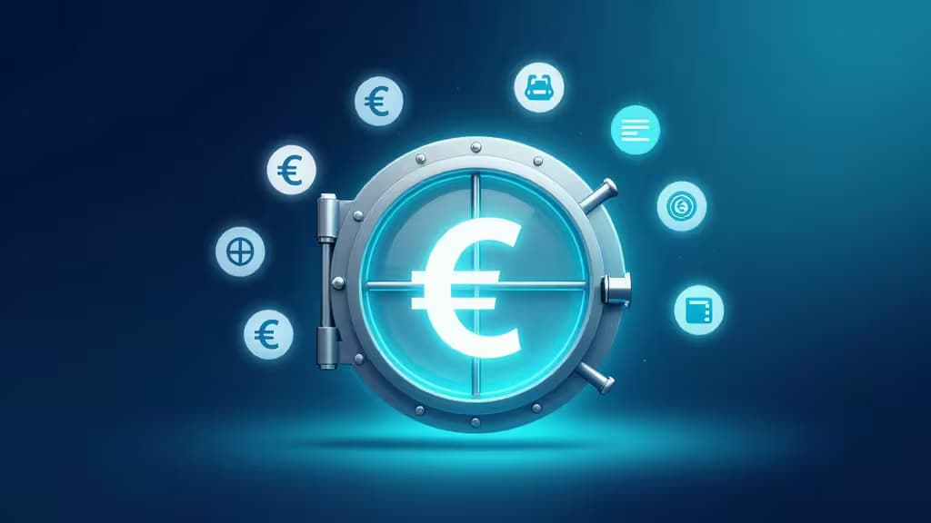 Abstract digital vault with international payment icons orbiting around it on a deep blue gradient background