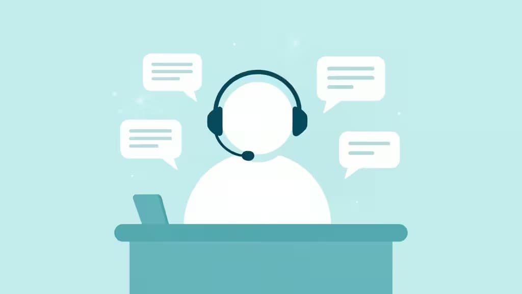 Abstract illustration of an AI-powered customer support help desk with chat bubbles and a neural network motif in blue and teal tones