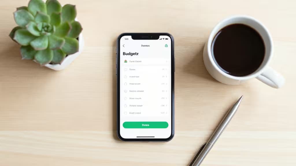 A smartphone displaying a budgeting app sits on a wooden desk beside a coffee cup and succulent plant.
