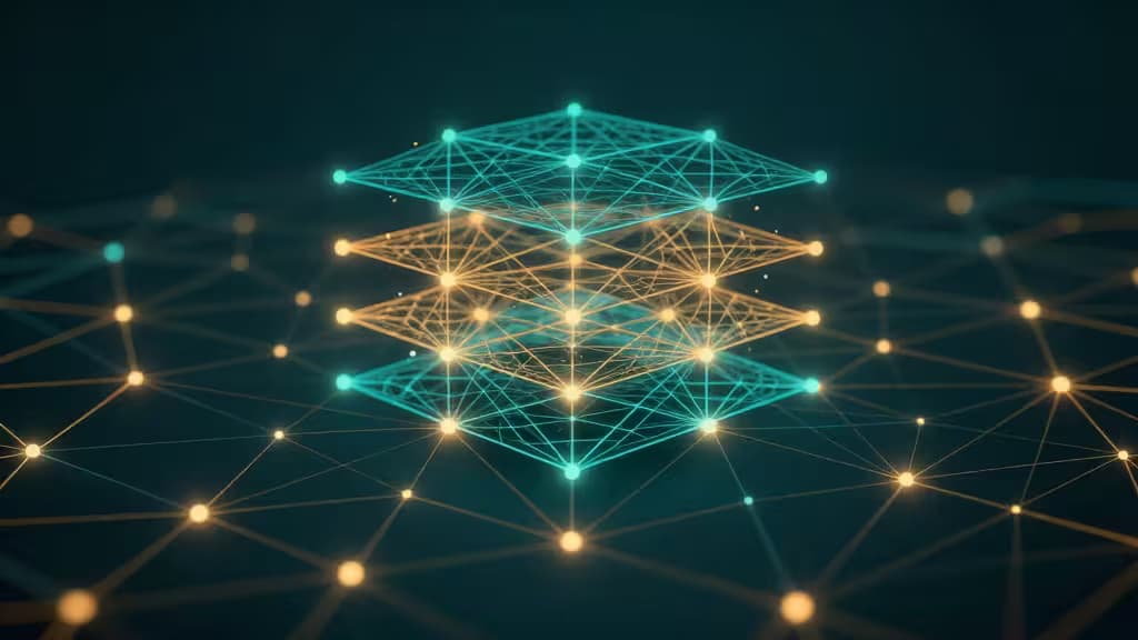 Glowing cyan and gold geometric nodes form layered, interconnected network structures against a dark background.
