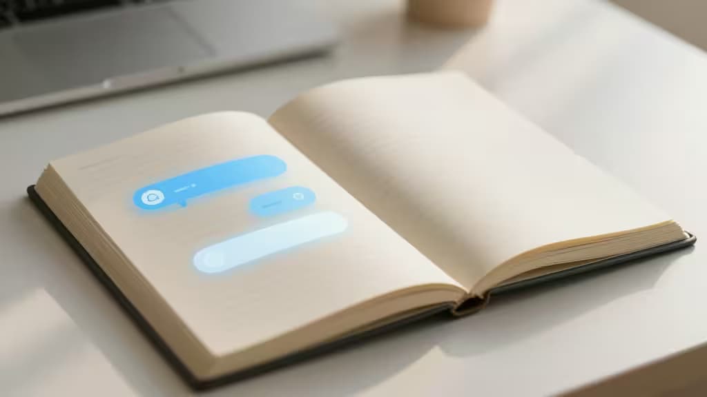 Glowing chat bubbles float above an open journal on a white desk beside a laptop, symbolizing AI-assisted mental wellness journaling.