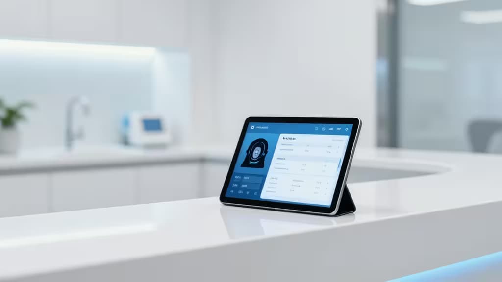 A tablet displaying an AI dental interface sits on a sleek white counter in a modern Polish clinic.